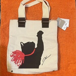 Chic Canvas Tote with Cat Print - Cream and Black